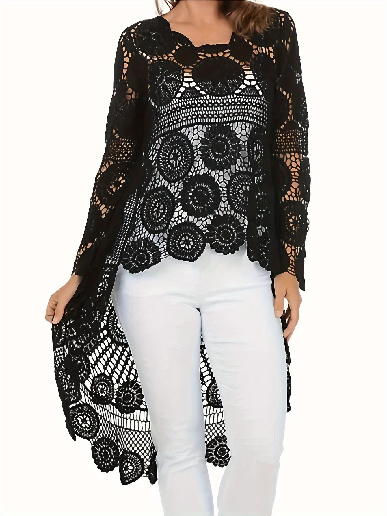 Women's Elegant Crochet Floral Pattern Cover-Up, Bohemian Style Long Sleeve Round Neck High-Low Hem Beach Tunic, Swimwear And Resort Wear For Women