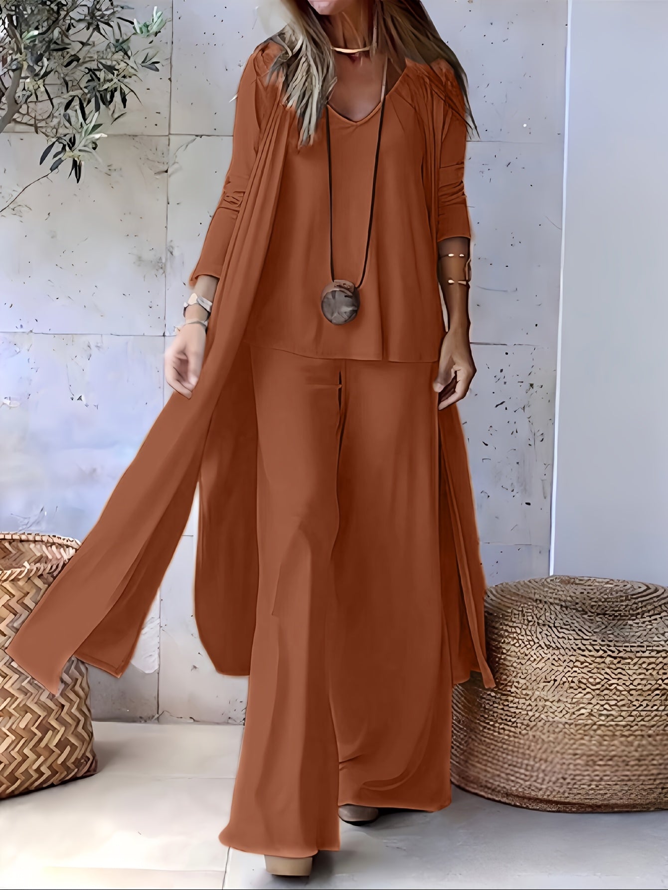 Casual and Fashionable Simple Solid Color with Draping Sensation Sleeveless V-Neck Cardigan with Long Sleeves and Extra Long Side Slits Knitted Cardigan with Elastic Waist and Wide Leg Trousers