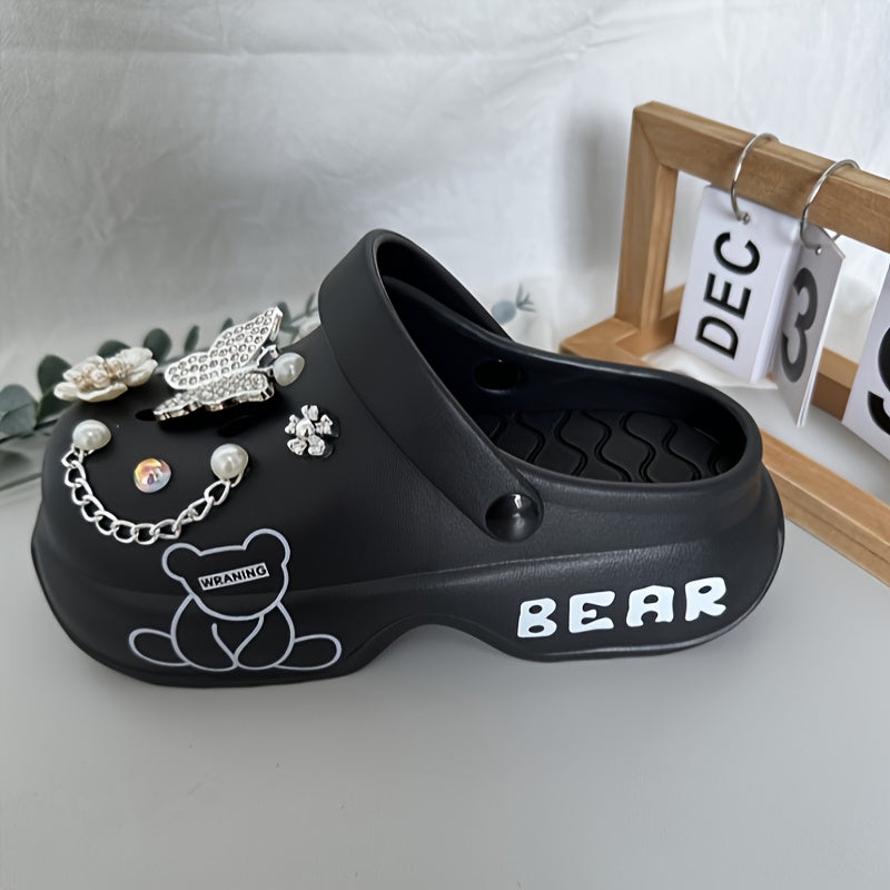 [Women's Cartoon Bear Mules Clogs] Casual Cartoon Bear Pattern Mules & Clogs for Women, Breathable EVA Platform Heel Clogs with Bow Embellishment, Versatile Indoor/Outdoor Fashion Footwear - Quanzhou Manufactured