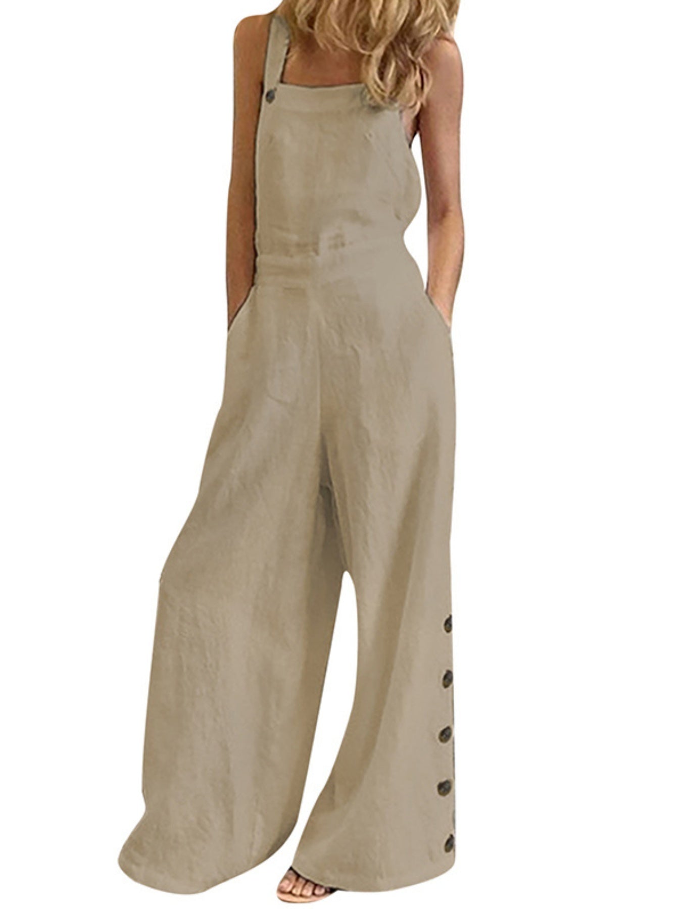 Women'S Elegant Wide Leg Jumpsuit - Solid Color Square Neck Sleeveless Pants with Pockets, Casual Summer Overalls for Adults, Light Gray, Casual Summer Wear | Casual Jumpsuit | Fabric Jumpsui