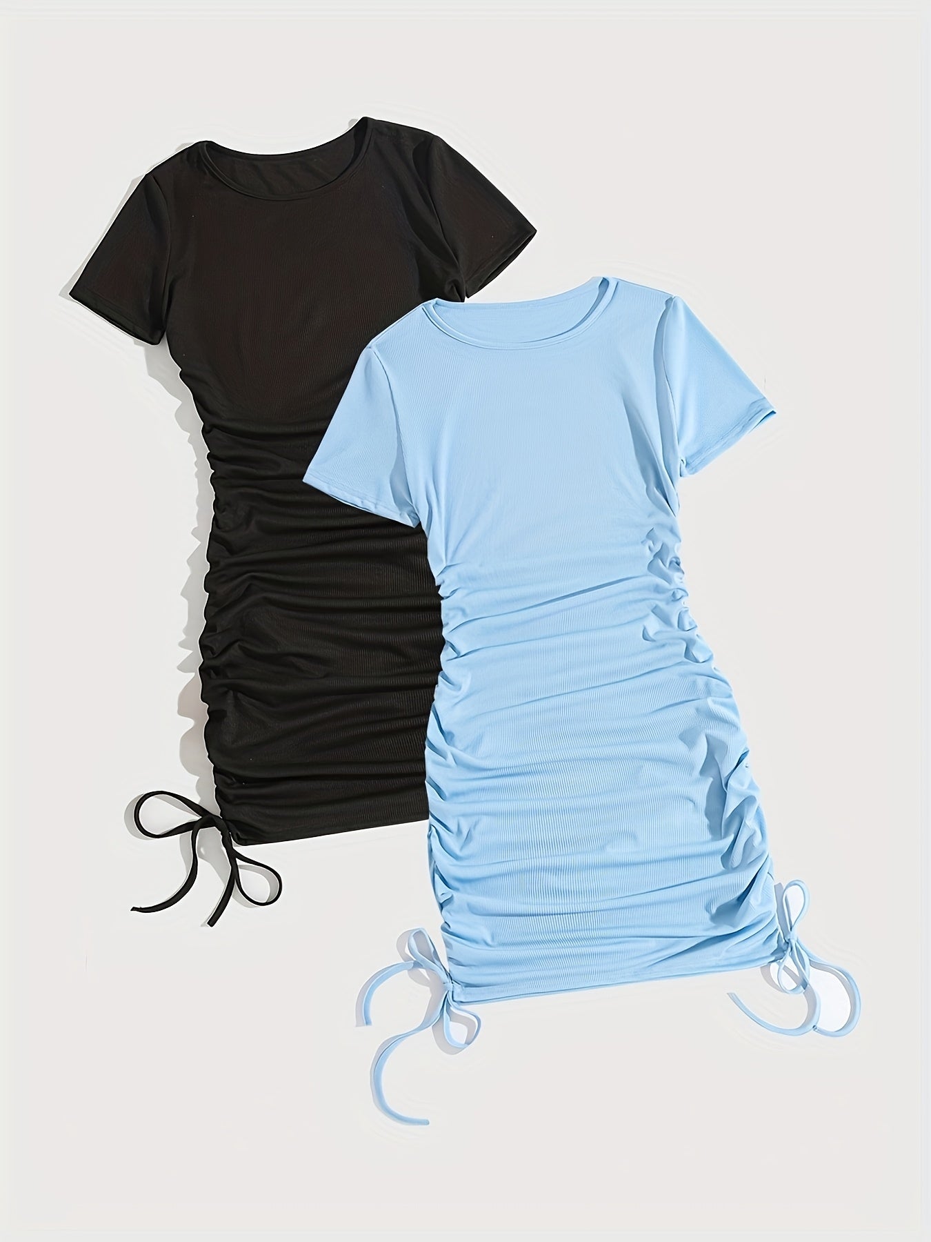 2pcs Women'S Summer Casual Dresses - Black and Light Blue Bodycon Tops with Drawstring Waist, Short Sleeve, Round Neck, Perfect for Adult Women, Casual Attire|Minimalist Style|Easy Fit Top, Ladies Dresses