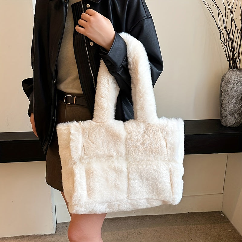 Chic Faux Fur Shoulder Bag for Women - Spacious & Versatile, Magnetic Closure, Faux Leather Lined - Available in Pink, Deep Brown, White, Black