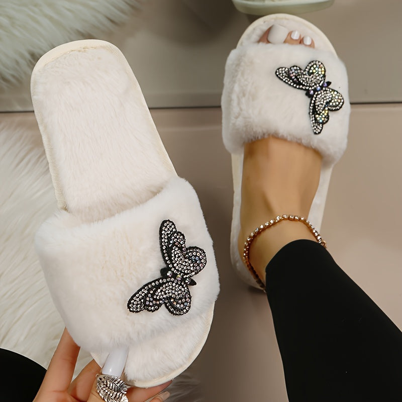 Rhinestone Butterfly Decor Home Warm Slippers, Soft Sole Platform Fluffy Non-slip Shoes, Bedroom Open Toe Plush Shoes
