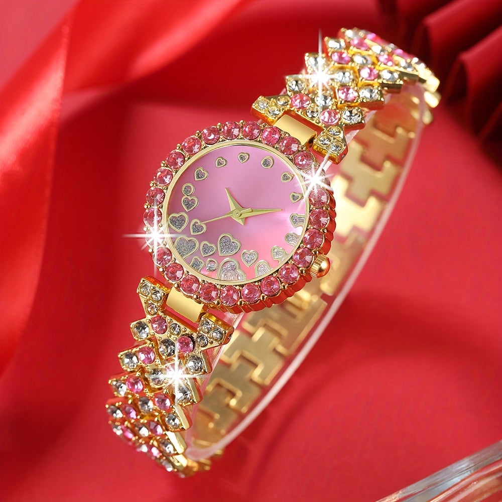 6 Pcs Pink Round Rhinestone Quartz Watch Alloy Strap Alloy Pointer Alloy Case And Rhinestone Bracelet Necklace Earrings Ring Jewelry For Women