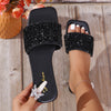 Women's Black Rhinestone Embellished Slide Shoes - Sparkling Crystal Flat Beach & Home Shoes, Non-Slip PU Sole, Summer Chic, Square Toe Design, Perfect for Casual or Party Wear, Beach Footwear | Glamorous Shoes | Durable Sole