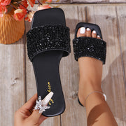 Women's Black Rhinestone Embellished Slide Shoes - Sparkling Crystal Flat Beach & Home Shoes, Non-Slip PU Sole, Summer Chic, Square Toe Design, Perfect for Casual or Party Wear, Beach Footwear | Glamorous Shoes | Durable Sole