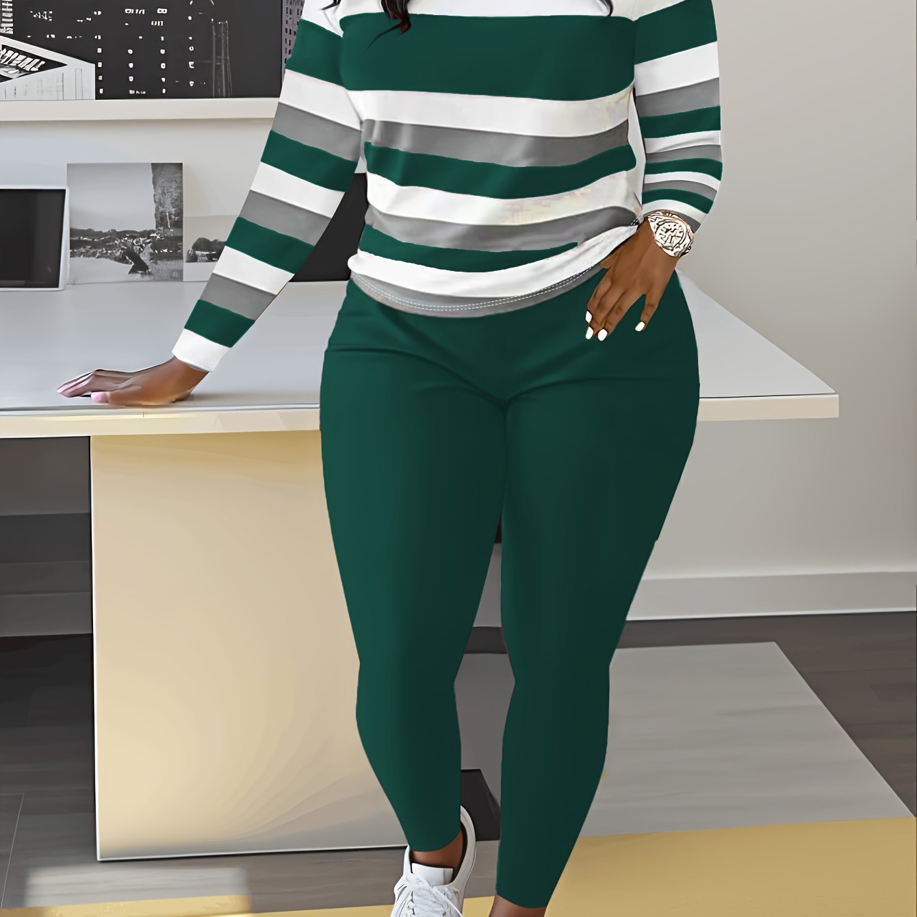 Slim Matching Two-piece Set, Casual Long Sleeve Crew Neck Striped Color Block T-shirt & Solid Elastic Waist Pants Outfits, Women's Clothing