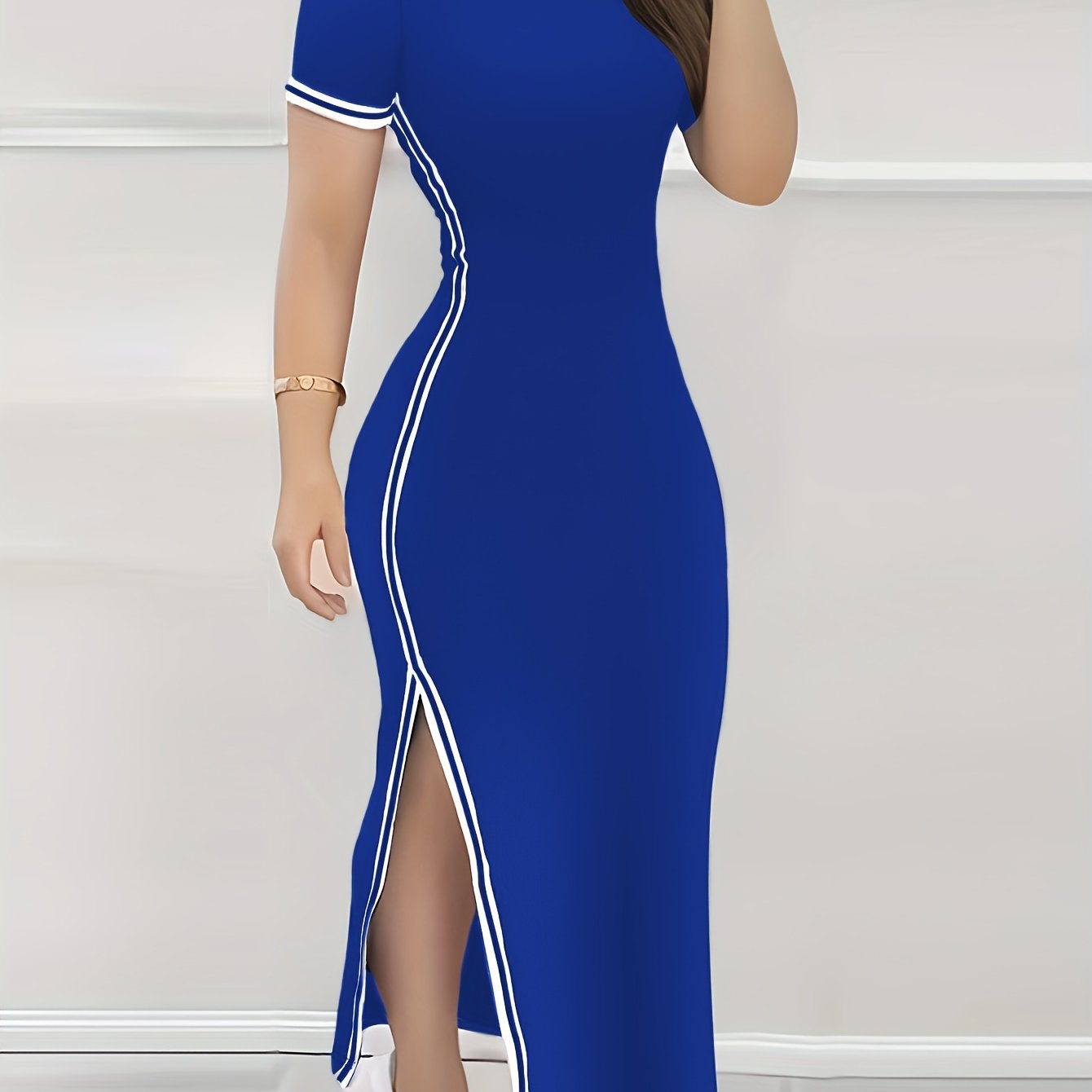 Women's Contrast Trim Split Hem Bodycon Dress - Elegant Crew Neck Short Sleeve Dress For Spring & Summer - For Women - Perfect for Parties & Casual Occasions - Stylish Gift for Fashionable Ladies