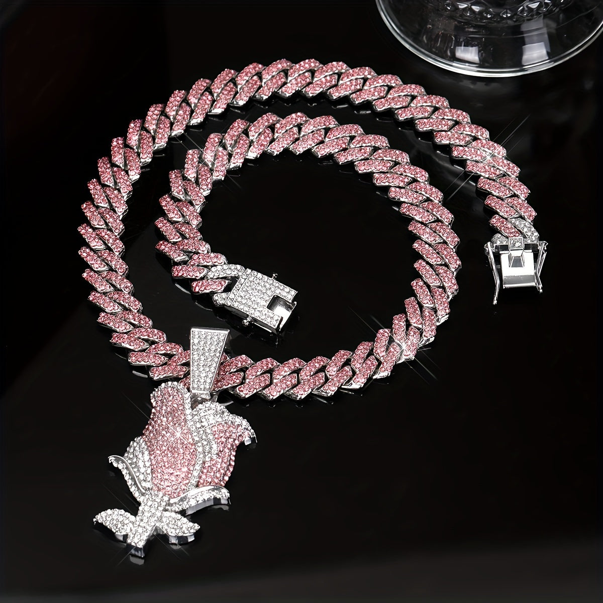 [Pink Rose Ladies Pendant] Elegant Pink Rose Pendant Necklace - Full Water Drill, Perfect for Daily Wear and Gifts
