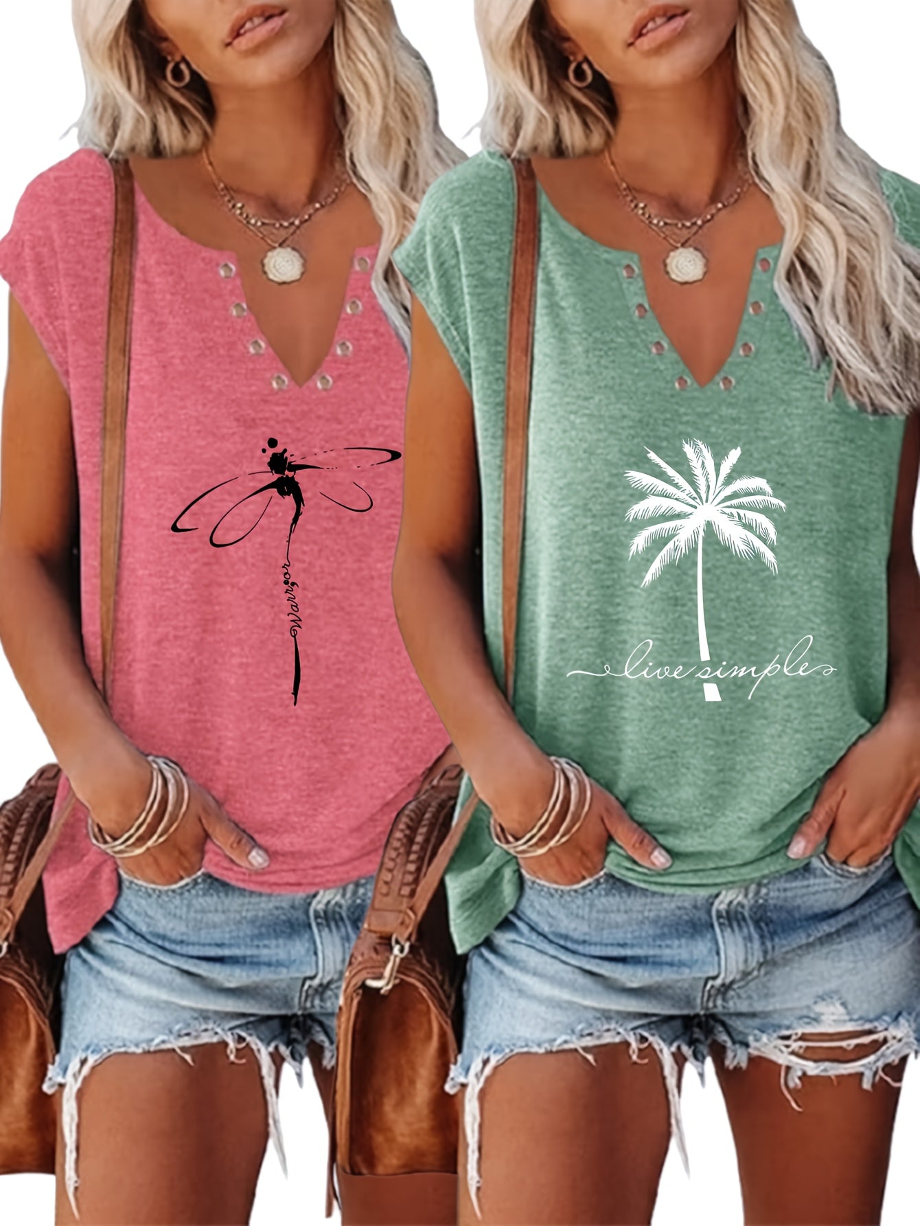 European & American Fashion Two-Piece Set – Printed V-Neck Button Vest & Matching Casual Bottoms, Lightweight Polyester-Rayon Blend