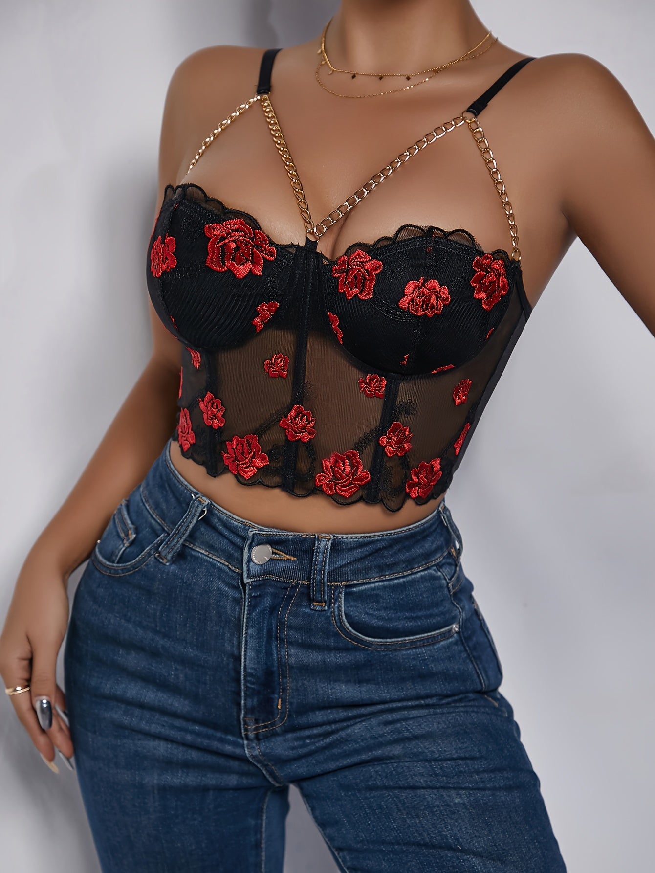 Floral Print Chain Detail Cami Top, Elegant Sleeveless Crop Top for Spring & Summer, Women's Clothing