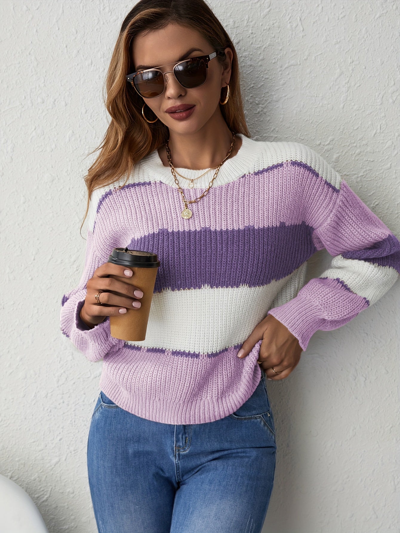 [Elegant Color Block Sweater] Long Sleeve Elegant Polyester Crew Neck Sweater - Women's Color Block Knit Pullover for Fall/Winter