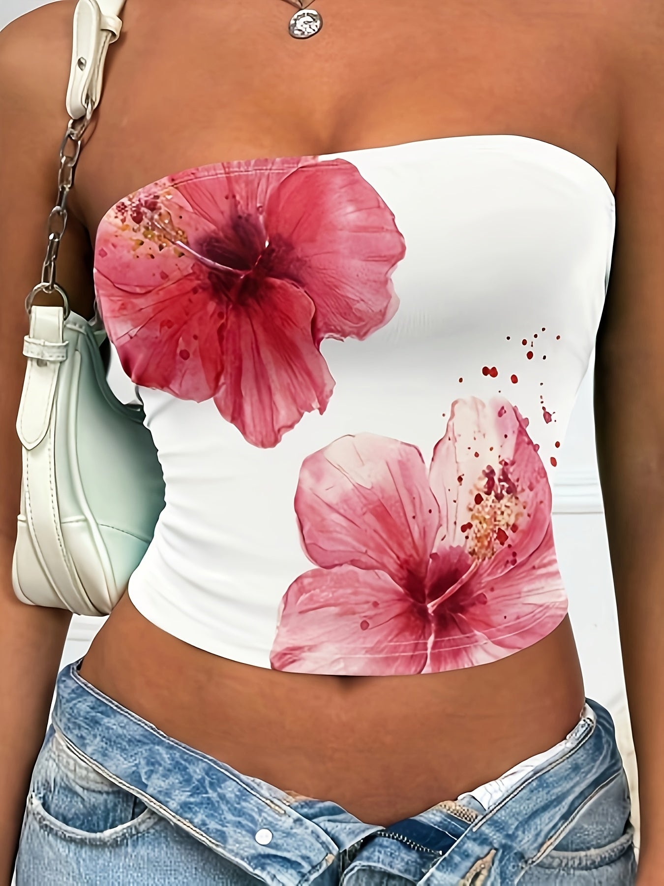 Elegant 230G Women'S Fitted Strapless Top with Floral Design