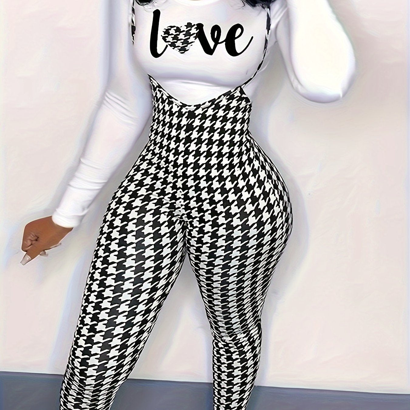 1pc Women's Sexy Houndstooth Pattern Jumpsuit, Polyester Knit Fabric with Elastane, Collarless Design, All-Season Fashion Pants, European And American Style, Geometric Pattern, Halter Neck