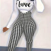 1pc Women's Sexy Houndstooth Pattern Jumpsuit, Polyester Knit Fabric with Elastane, Collarless Design, All-Season Fashion Pants, European And American Style, Geometric Pattern, Halter Neck