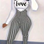 1pc Women's Sexy Houndstooth Pattern Jumpsuit, Polyester Knit Fabric with Elastane, Collarless Design, All-Season Fashion Pants, European And American Style, Geometric Pattern, Halter Neck