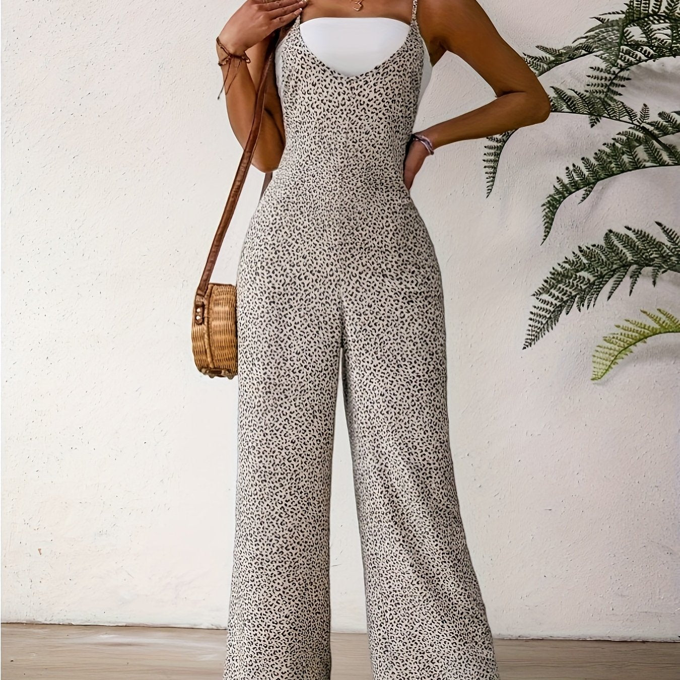 Elegant Leopard Print Women'S Jumpsuit with Cat Ears, Straight Leg Pasta Strap Romper, Summer Fashion for Adults