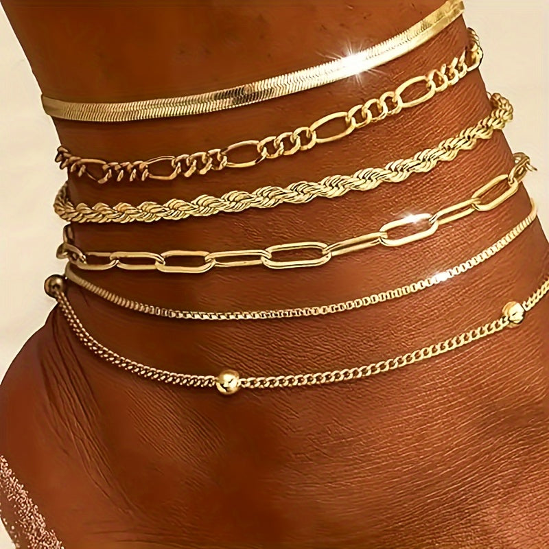 6-Piece 14K Gold-Plated Anklet Set for Women – Waterproof Layered Chains, Cuban, Herringbone & Rhinestone Accents – Summer Beach Jewelry Gift