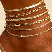 6-Piece 14K Gold-Plated Anklet Set for Women – Waterproof Layered Chains, Cuban, Herringbone & Rhinestone Accents – Summer Beach Jewelry Gift