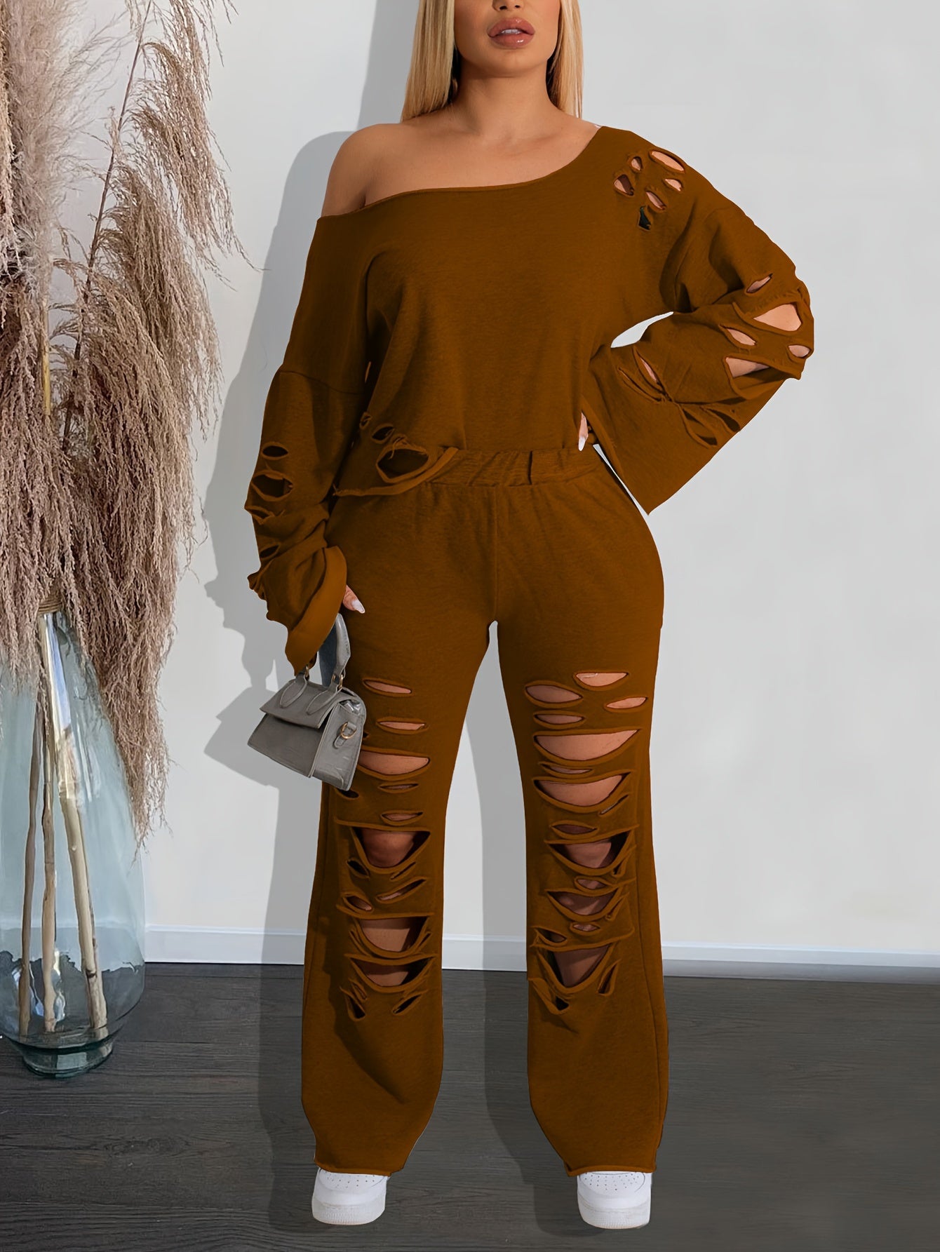 Casual Solid Cut Out Two-piece Set, Long Sleeve Asymmetric Top & Long Pants Outfits, Women's Clothing