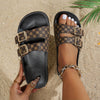 Women's Adjustable Straps Golden-Tone Buckle Black PU Cover Sandals - Breathable Indoor/Outdoor Casual Vacation Slippers with Cushioned Insole for All-Day Comfort, Sleek Sandal Design | Durable Summer Shoes, Strappy Sandals