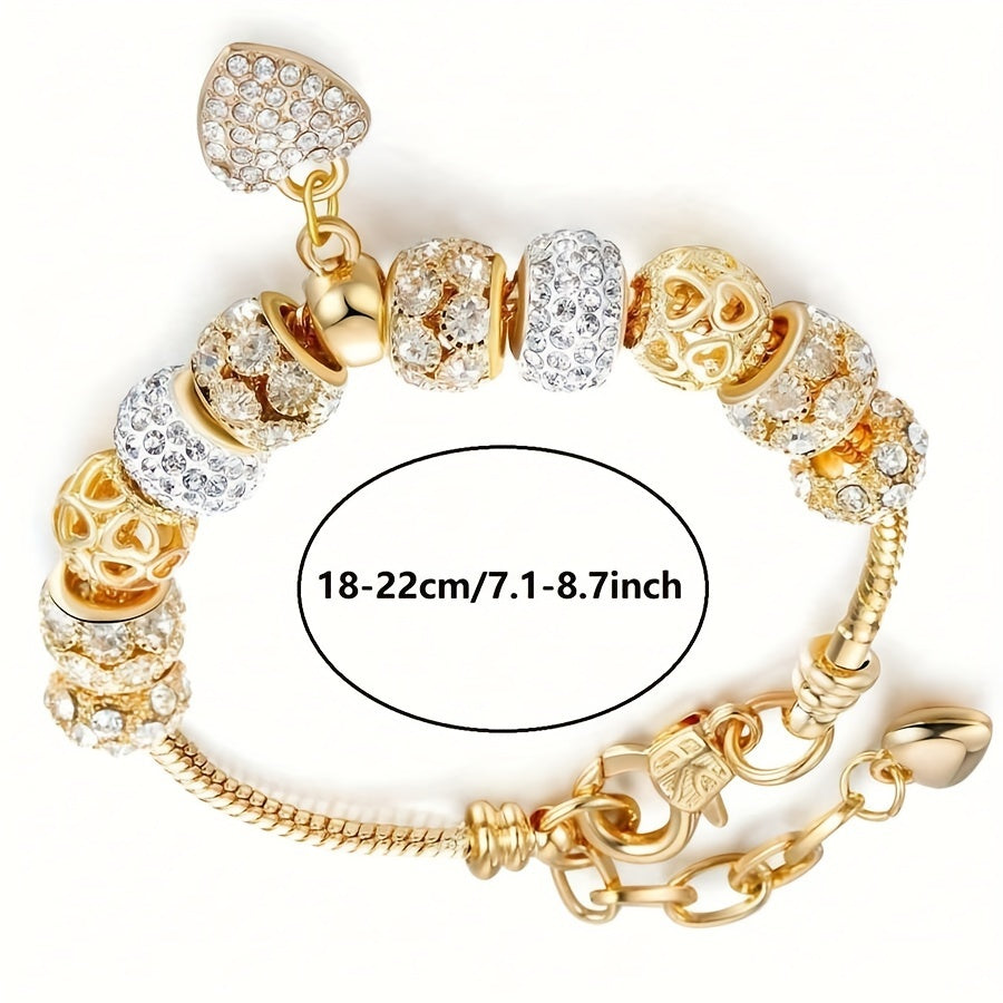 Elegant 14K Golden Plated Copper Bracelet with Glass Beads and Heart Charm for Women - Party and Vacation Accessory