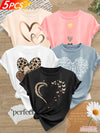 5pcs Women'S Casual T-Shirts with Heart & Leopard Print, Round Neck Short Sleeve Tops for Spring & Fall, Medium Stretch Fabric, Multiple Colors Available (S-XXL), Seasonal Fashion | Retro Style Tee | Comfortable Fit