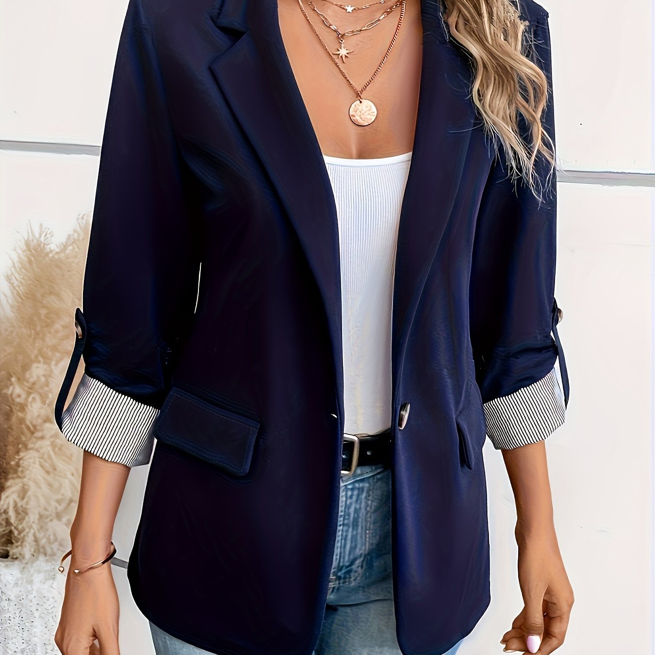 Notched Collar Button Front Blazer, Elegant Long Sleeve Blazer For Office & Work, Women's Clothing
