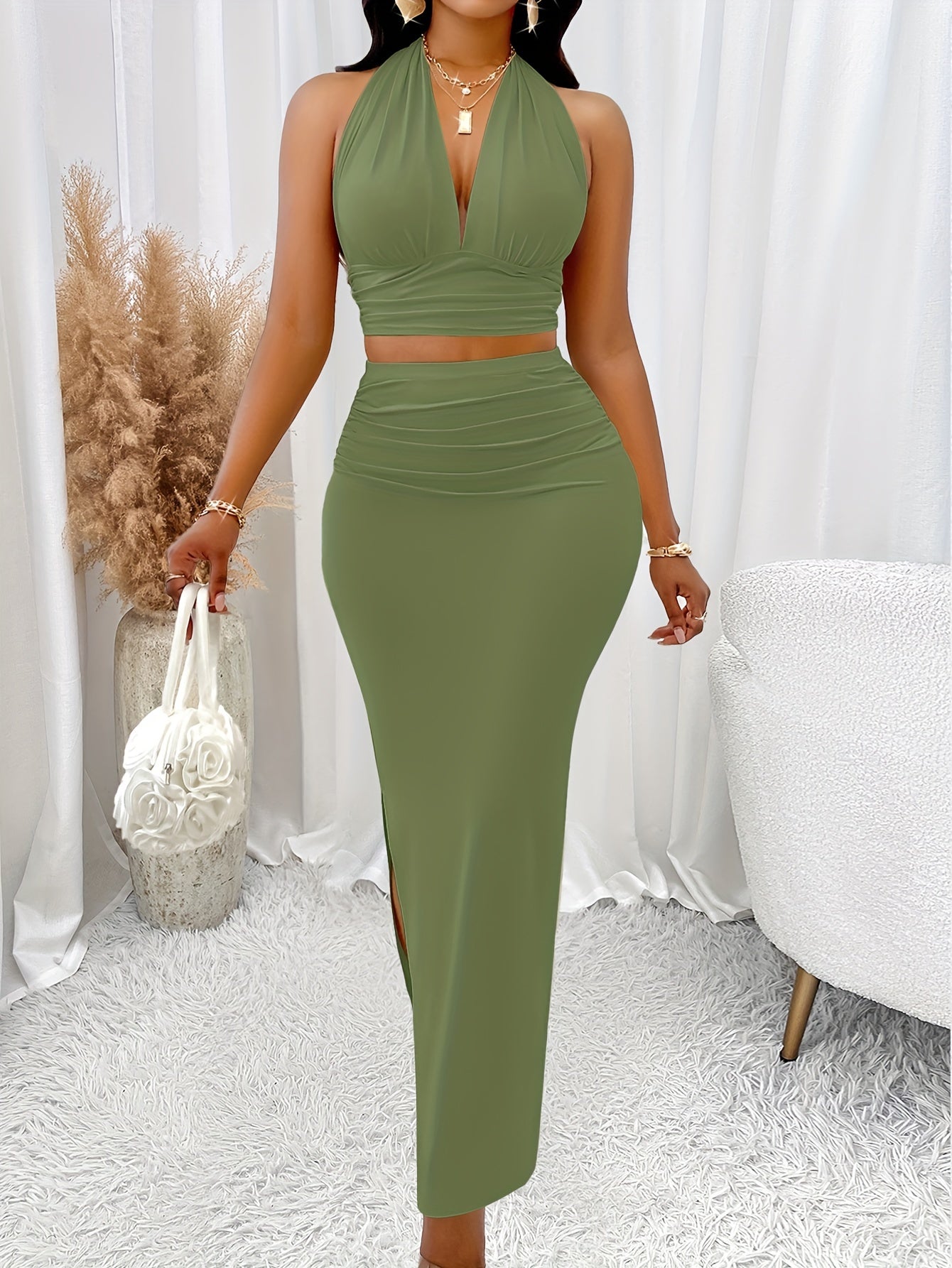 Women'S Elegant Halter Neck Sleeveless Backless Knit Dress and Skirt Set, Solid Color, Slight Stretch Polyester Elastane Fabric, 200g/m², for Spring/Summer