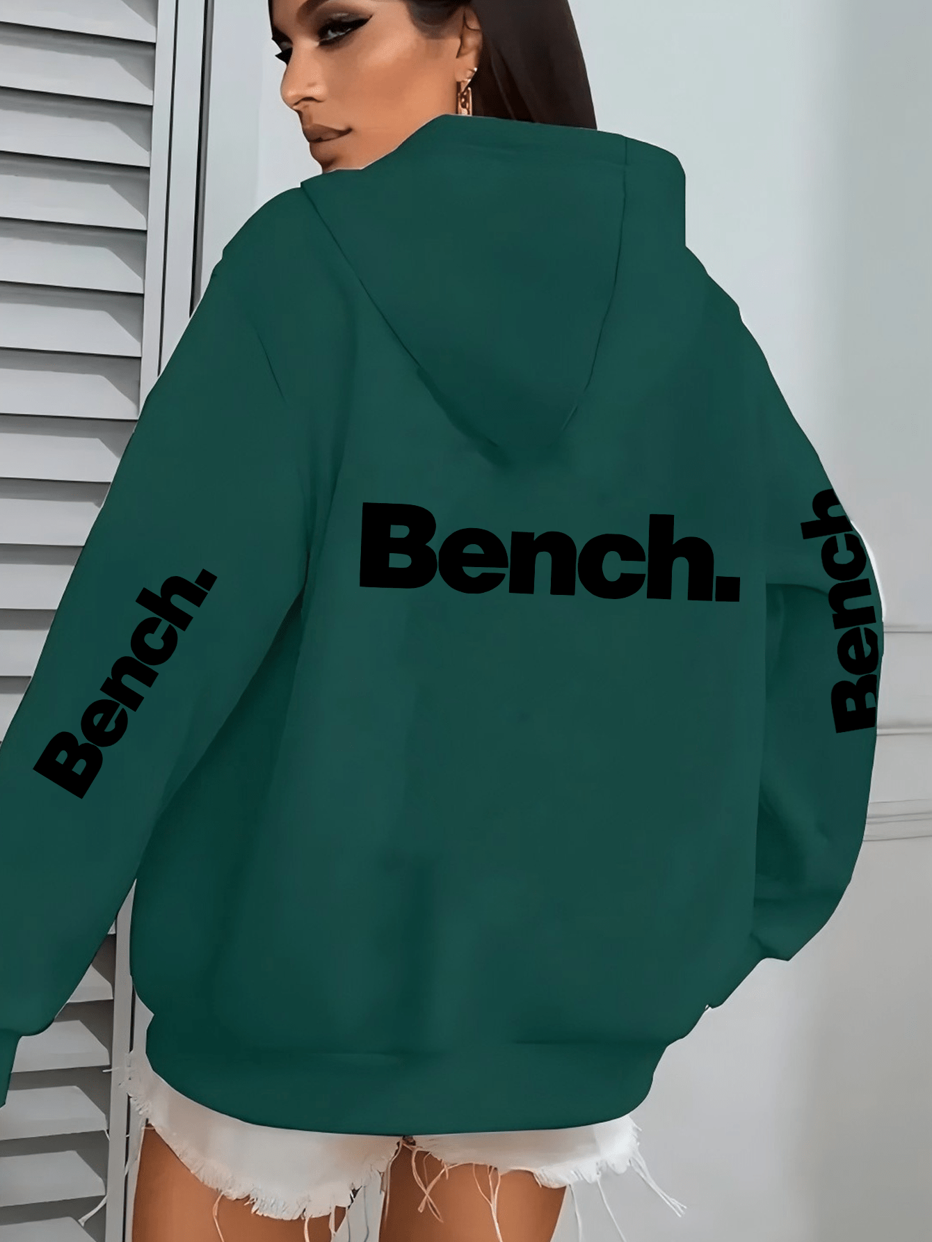 Women's Casual Hooded Jacket with Bold "Bench" Letter Print, Kangaroo Pocket & Zipper Collar - Machine-Washable Polyester, All-Season Versatile Outerwear, Perfect Gift for Her, Lightweight Layering, Urban Fashion, Quality Sti
