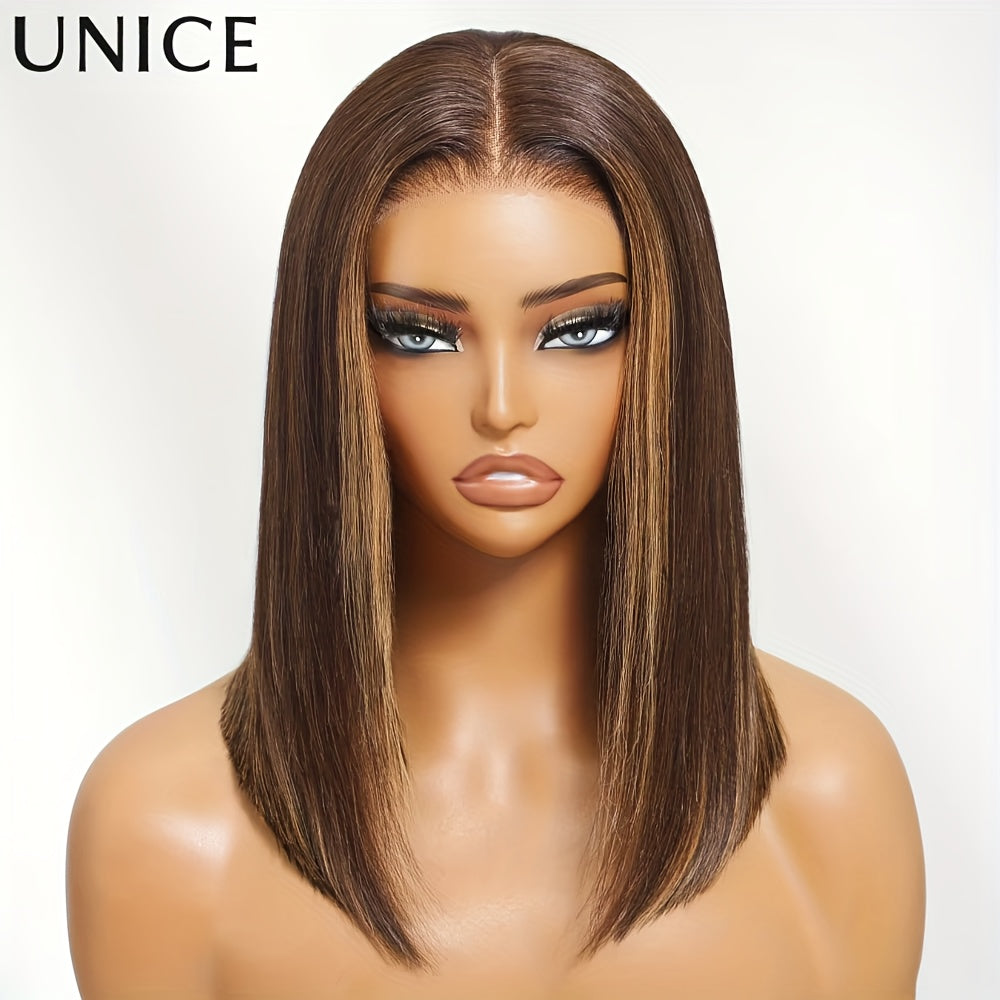 Unice Espresso Brown Straight Bob Wig with Highlights, 7x5 Lace Front, Pre-Cut Pre-Bleached, Glueless Human Hair, 150% Density, Ready to Wea