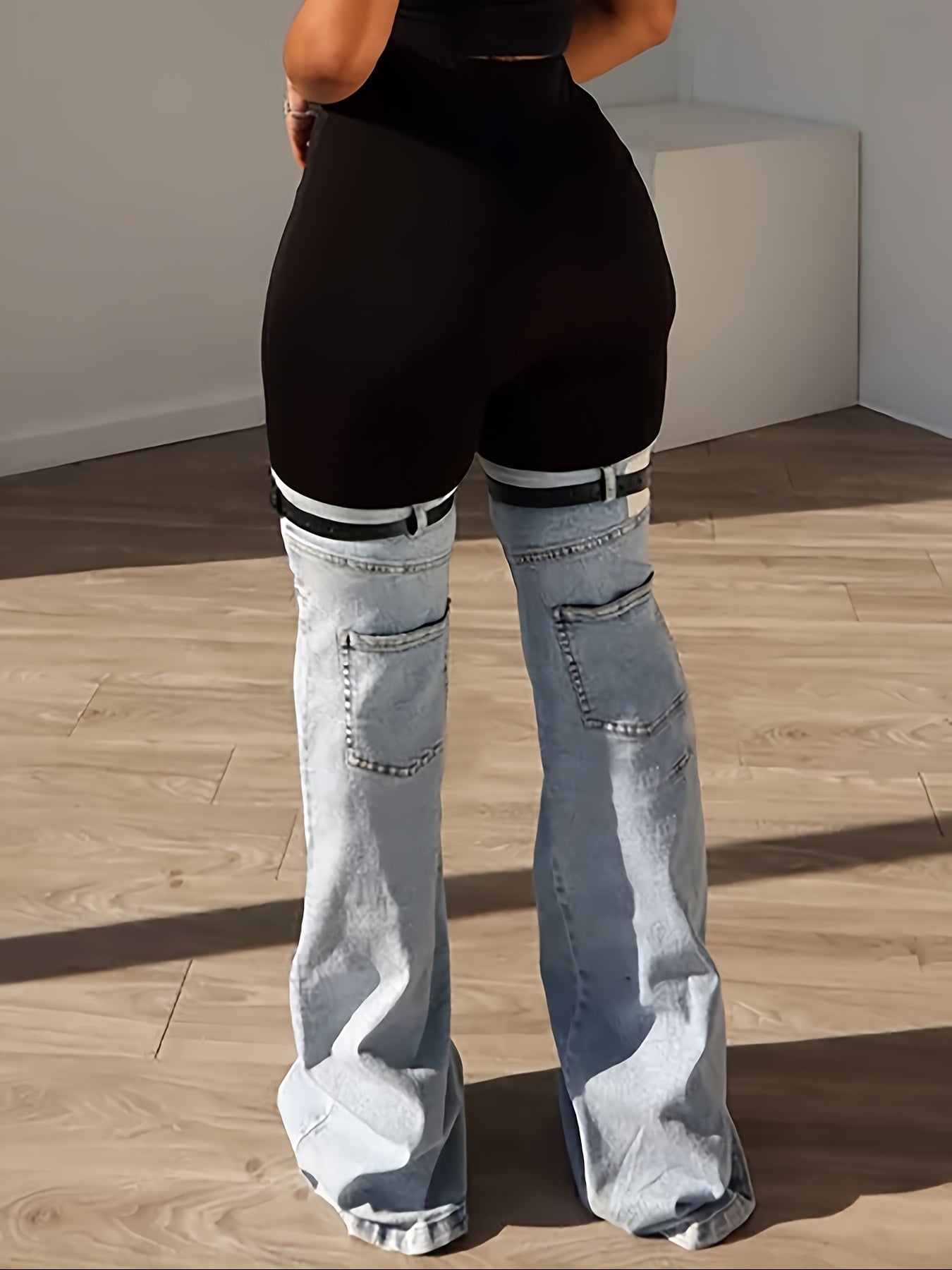 Women High Elastic Waist Two Tone Trendy Patchwork Jeans With Garter Belt Detail – Unique Streetwear Style