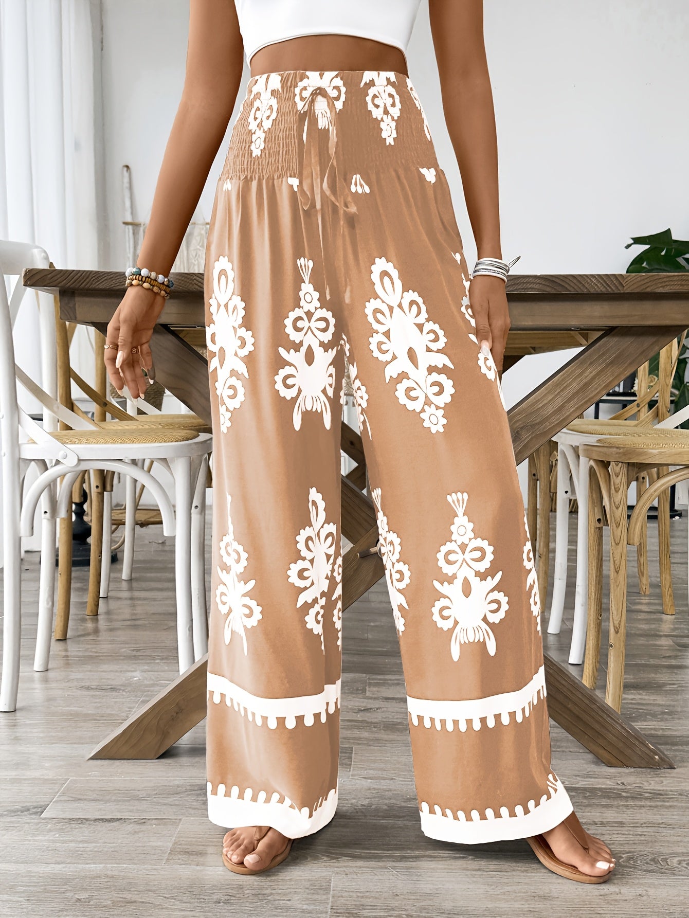 Women's Navy & White Floral Print Wide-Leg Pants with Elastic Waist Drawstring & Smocking Detail - Machine Washable All-Season Elegant Casual Trousers for Women, Comfortable Fashion, Smooth Texture Fabric