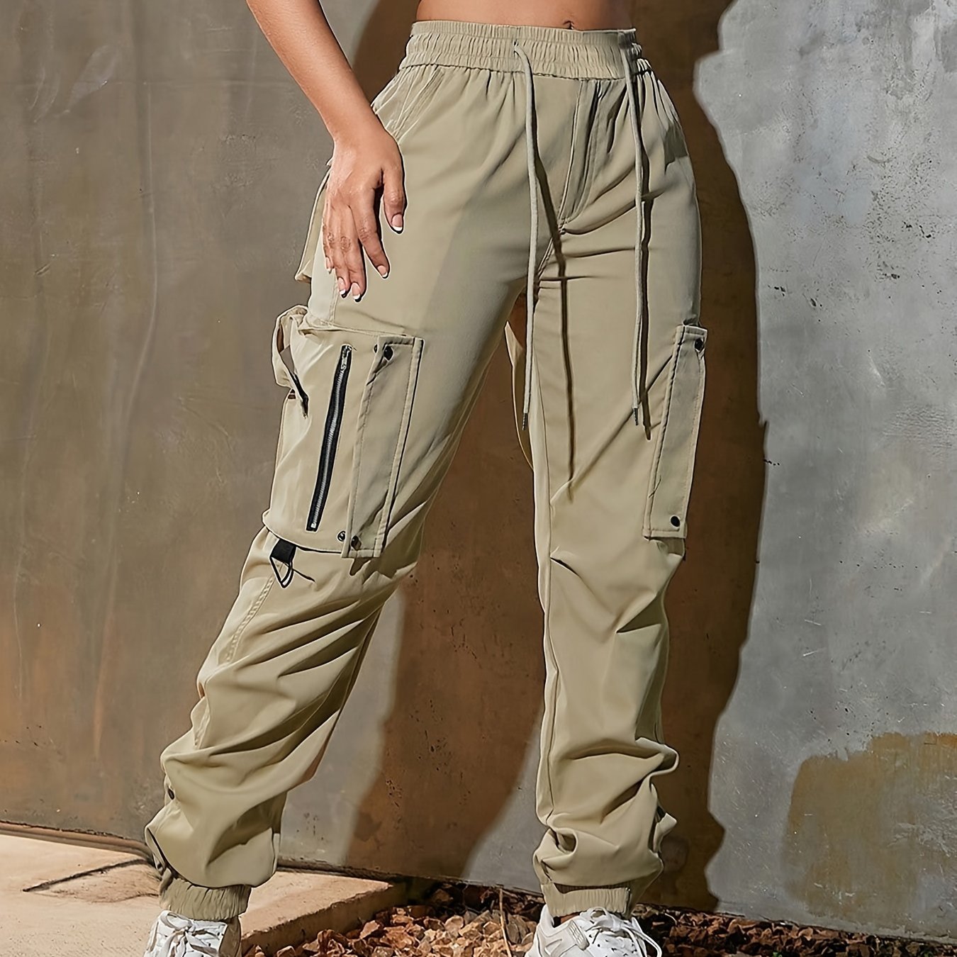 Women's High-Waist Wide-Leg Cargo Pants - Casual Fashion, Soft Polyester, Drawstring Elastic Waist, Multi-Pocket Design, Comfortable for All Seasons, Back Belt, All Seasons