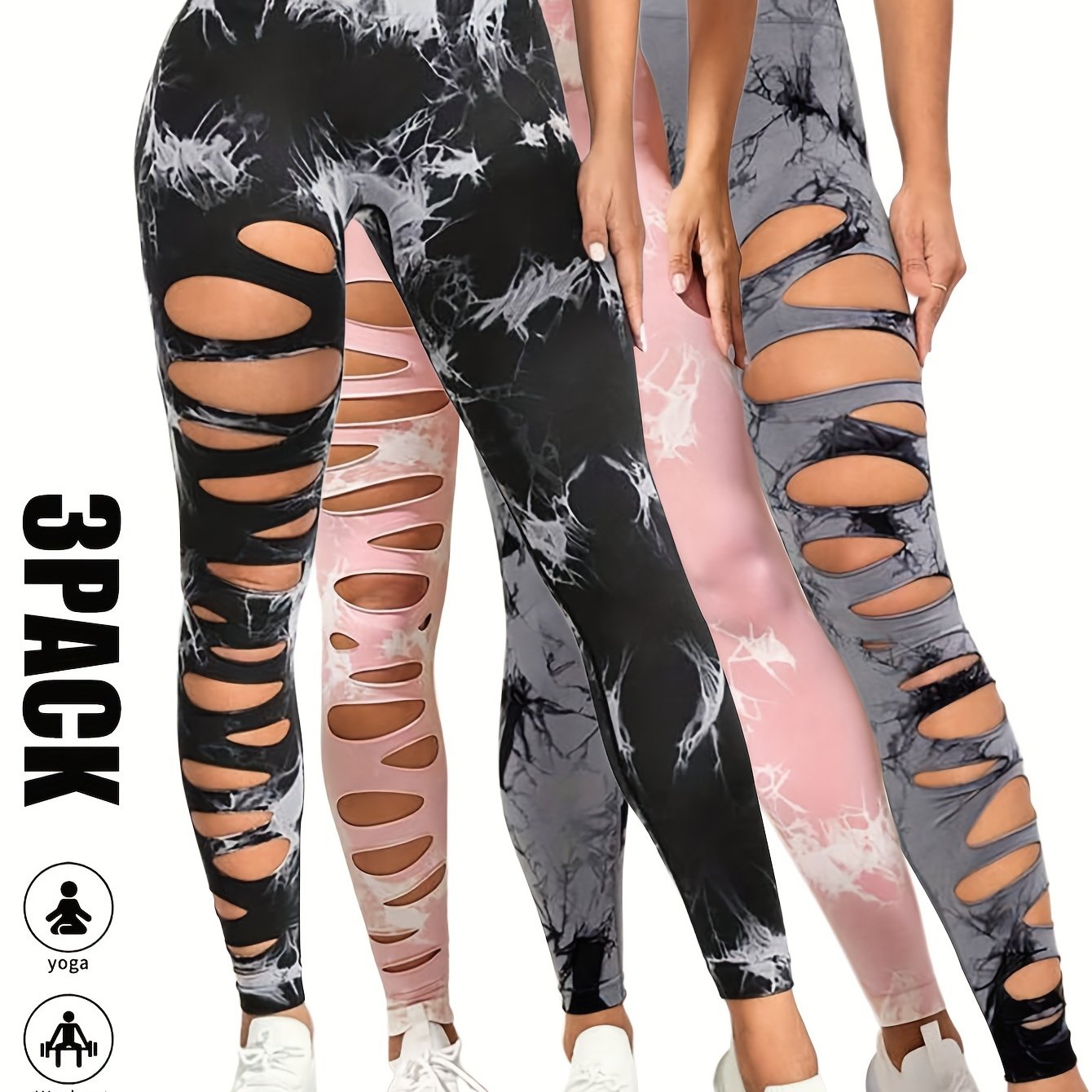 [3 Pack High Waist Yoga Leggings] 3 Pack Women's Tie Dye Cutout Tights High Waist Workout Yoga Leggings, Scrunch Butt Lifting Elastic Pants, Womens High Waist Yoga Pants Cutout Ripped Tummy Control Workout Running Yoga Skinny