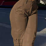 Elegant Brown Cargo Pants for Women - 100% Polyester, Straight-Leg with Flap Pockets, High-Waisted, Machine Washable - Perfect for Spring/Fall