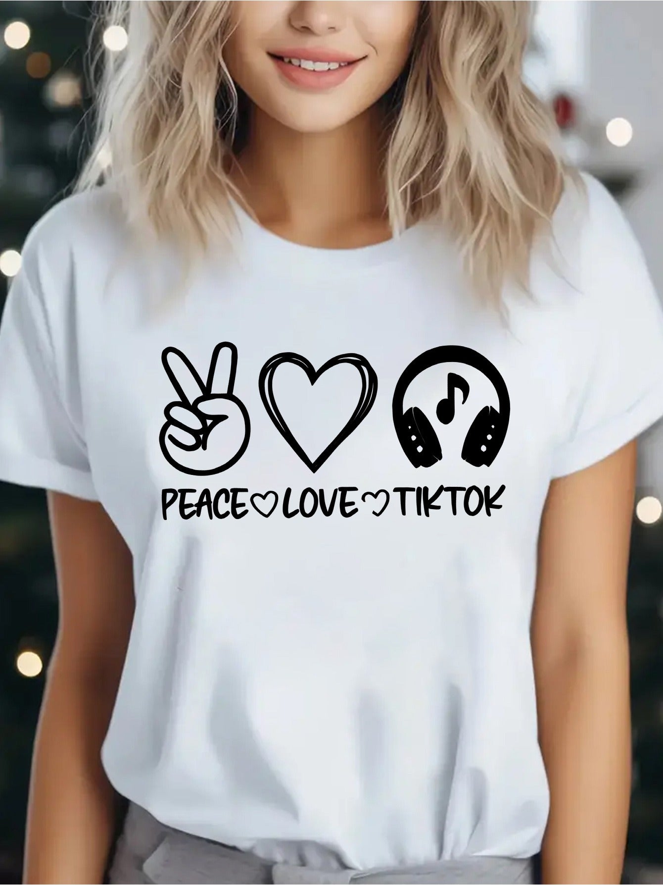 Women'S Casual "Peace Love TikTok" Graphic Tee - Soft, Breathable, Short Sleeve, Round Neck, Y2K Style, Easy Care & Quick Dry - Ideal for Spring & Summer, Everyday Fashion Top, Casual Wear Tee | Playful Print Top | Comfortabl
