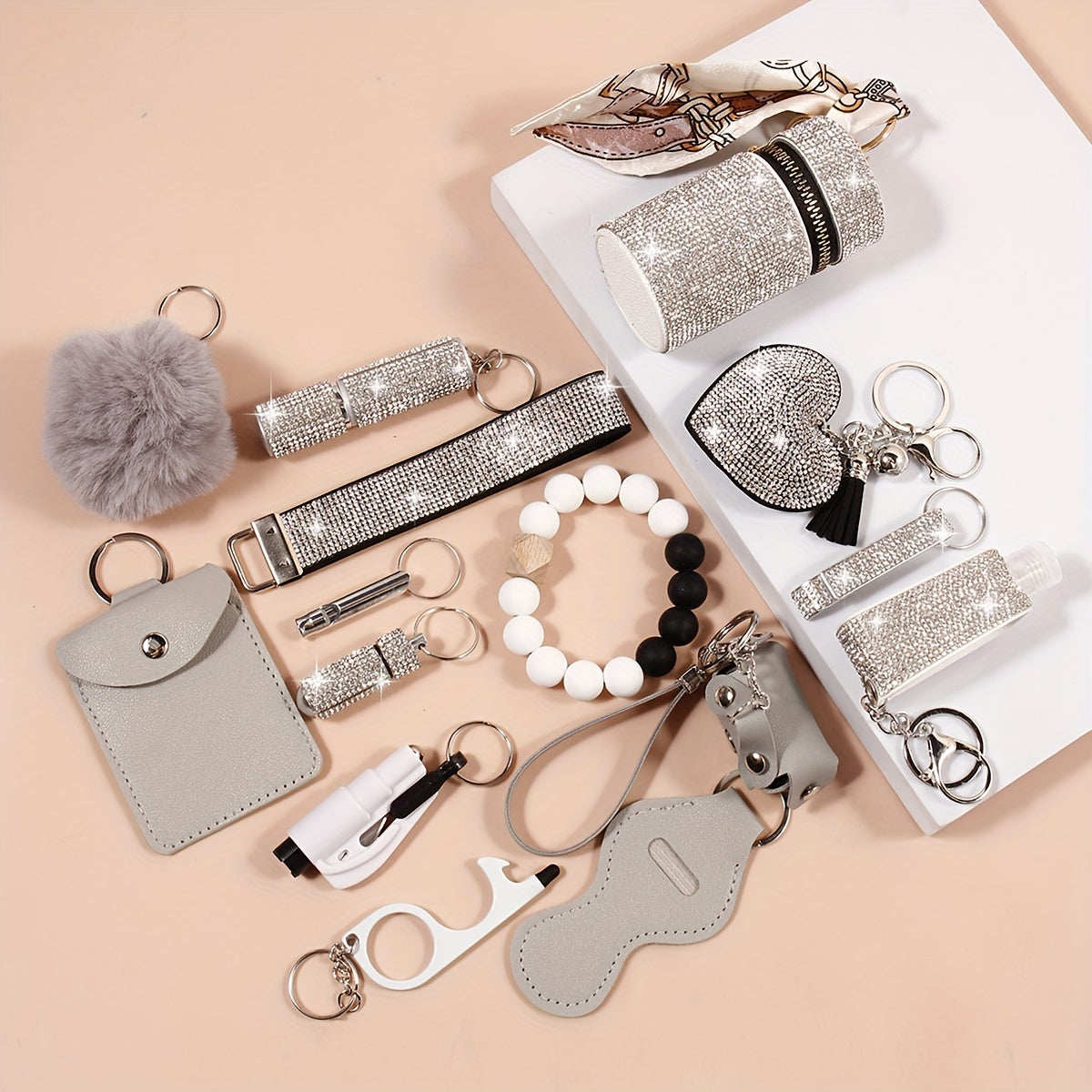 15pcs Rhinestone Safety Keychain Set for Women, Wristlet Keyring with Storage Pouch & Pom Pom Card Holder Accessories Kit