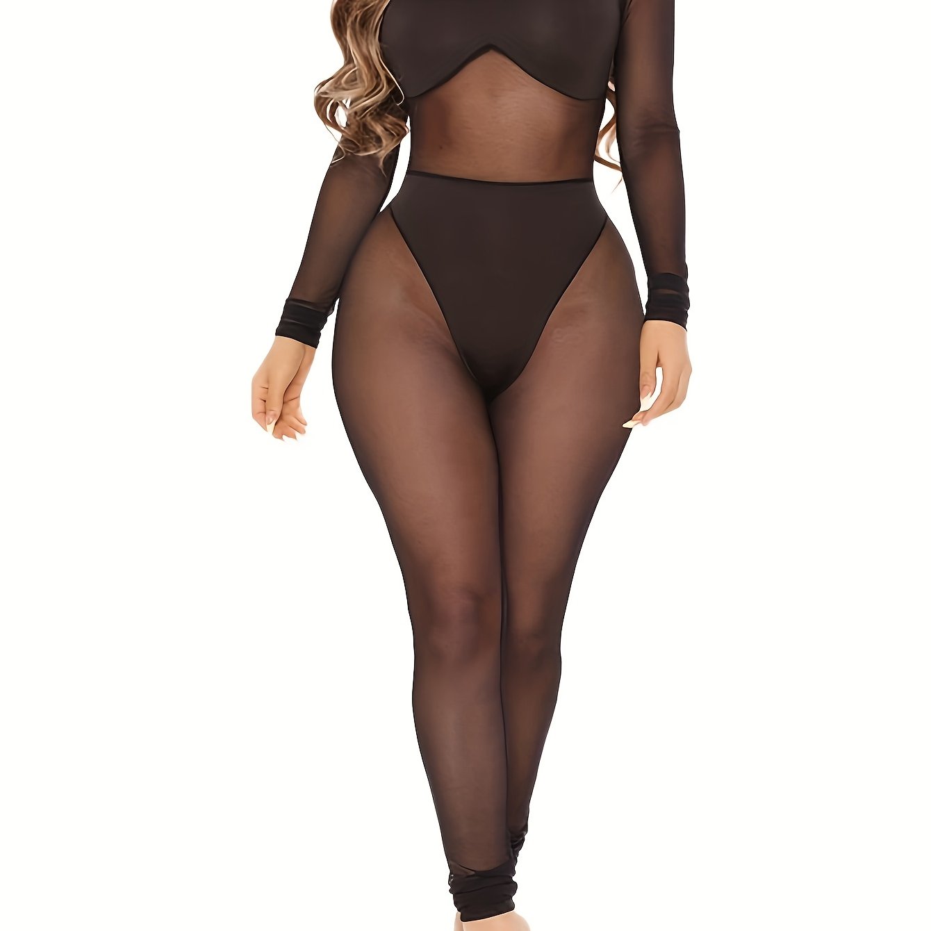 Sexy Black Mesh Bodysuit for Women - Stretchy See-Through Long Sleeve Jumpsuit, High-Cut Design, Summer Nightclub Outfit, Polyester & Spandex Blend, Hand Wash or Dry Clean, Summer Outfit | Elegant Style | Glossy Texture