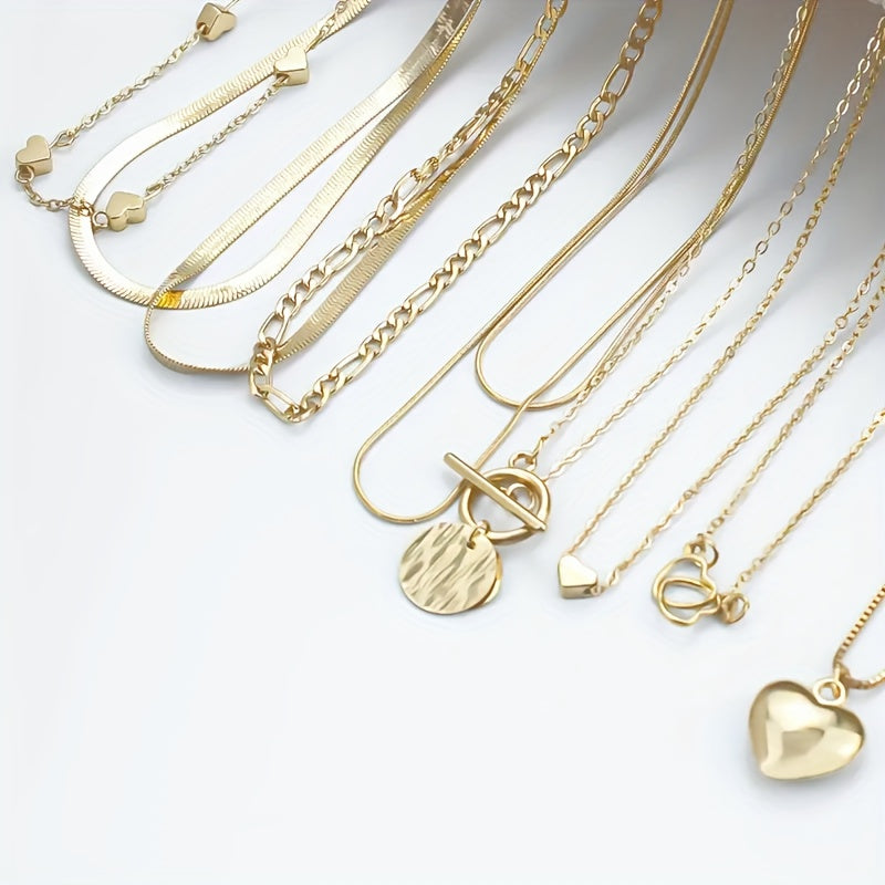 10pcs Vintage Luxury Necklace Set, Heart & Geometric Pendants, Snake Chains & OT Clasp, Alloy, for Daily Wear & Parties, Ideal Valentine'S Day Gift, All-Season Jewelry Collection