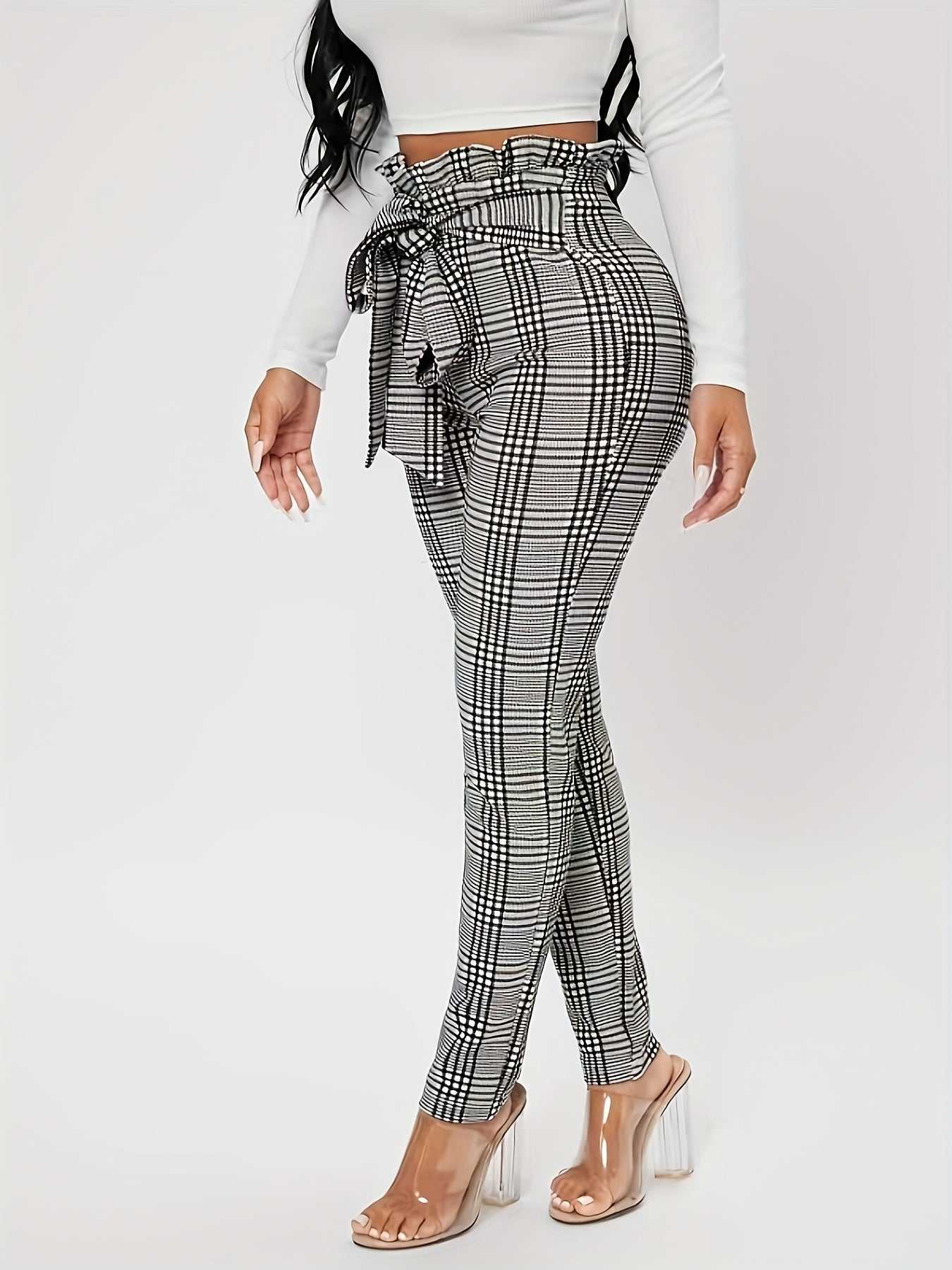 Women's Vintage-Inspired Stretch Slim Pants - Black & White Plaid, High-Waisted with Tie Belt, Polyester, Machine Washable - Perfect for Spring/Fall