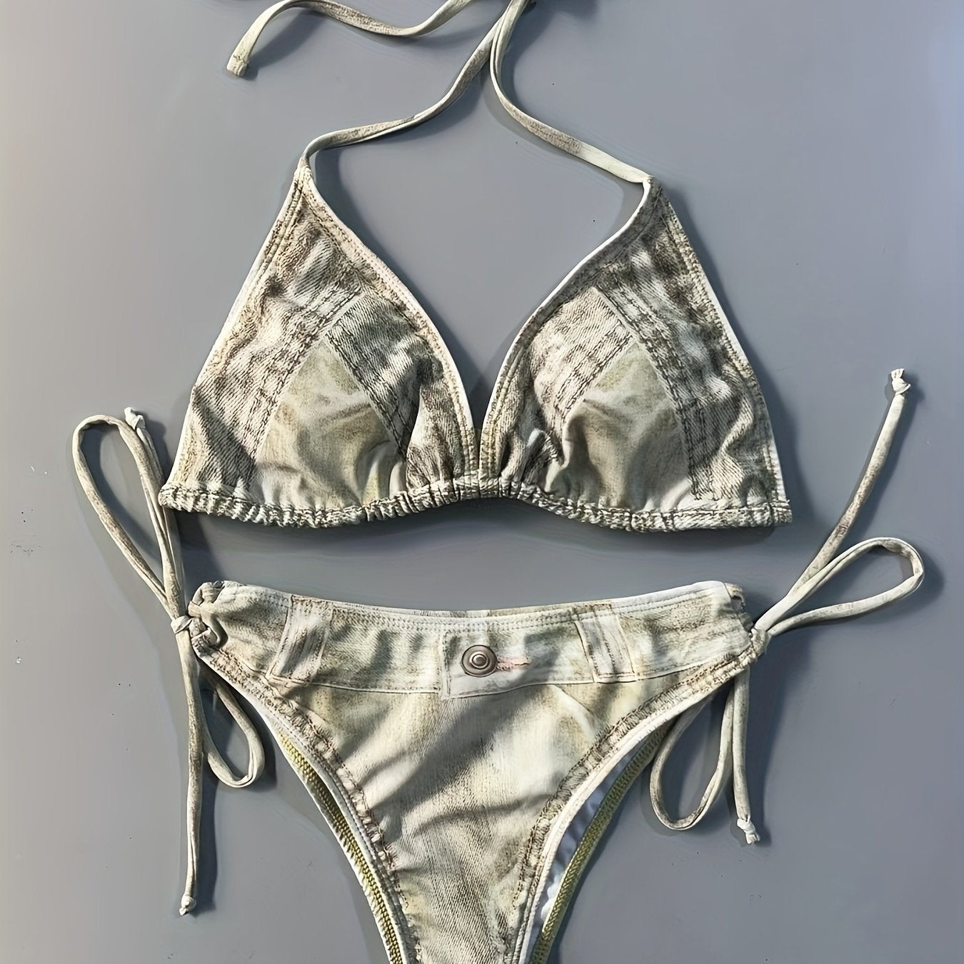2 Piece Faux Denim Print Triangle Bikini Set - Tie Strap Halter Backless Design, Adjustable Straps, Ruffled Trim, Women's Swimwear & Clothing for Summer Beach Vacation