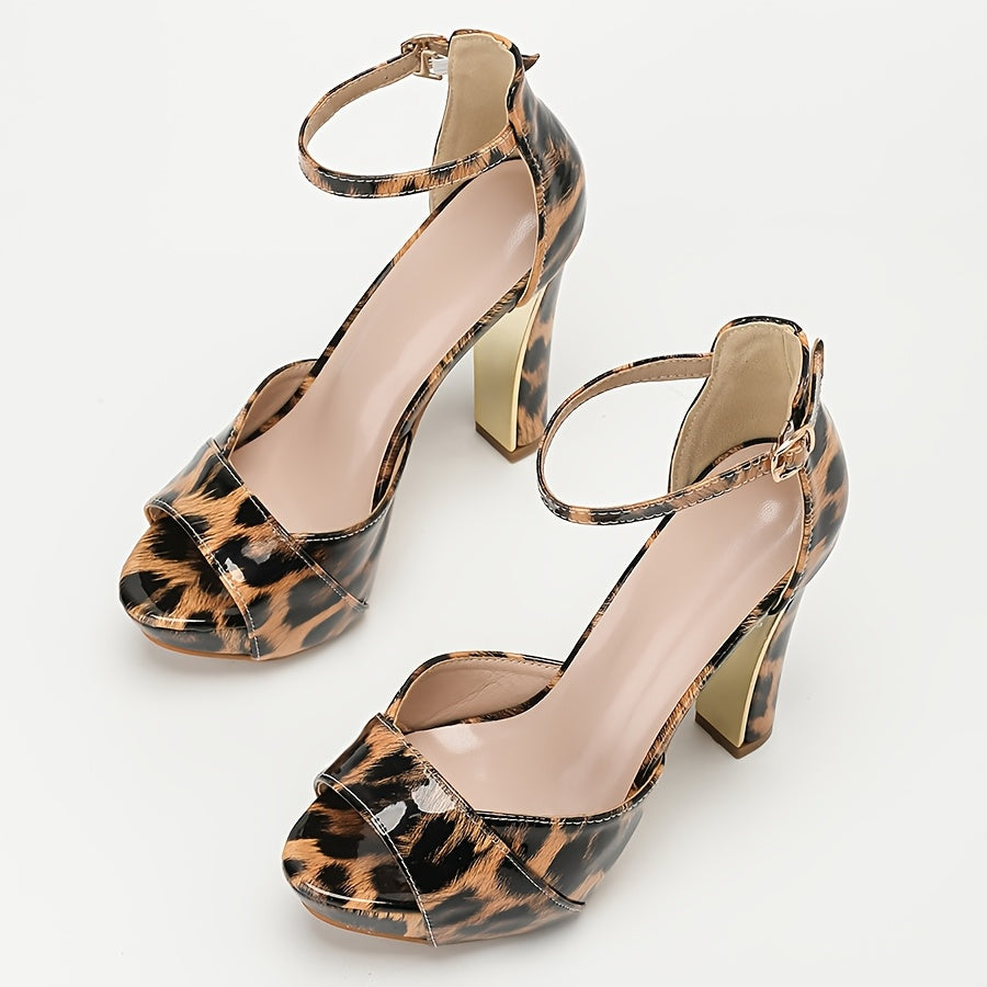 Elegant Leopard Print High Heel Sandals for Women - Sexy Open Toe with Ankle Strap, Faux Cover Platform Dress Shoes with Chunky Heels, Perfect for Spring & Summer