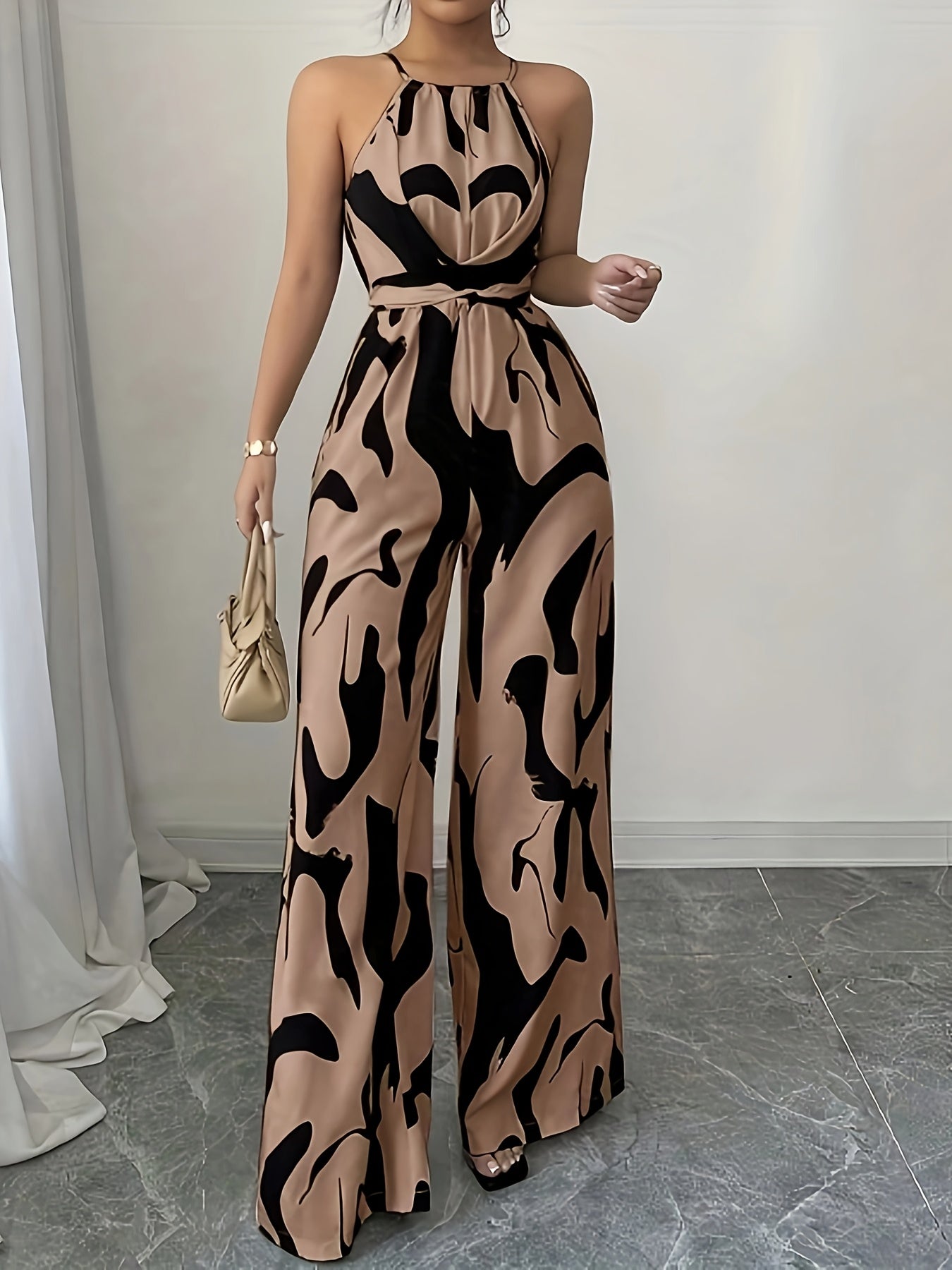 Women's Elegant Off-Shoulder Print Jumpsuit with Wide Legs and Tie Waist - Black & White Abstract Pattern, Polyester Fabric, Perfect for Vacation and Everyday Chic