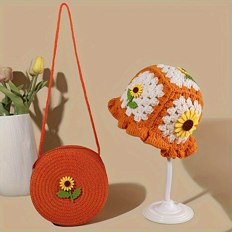 Women's Bucket Hat & Matching Bag Set - Knitted Polyester, Stretch Fit, Packable Design | Perfect for Christmas, Cozy Knit, Hand Wash