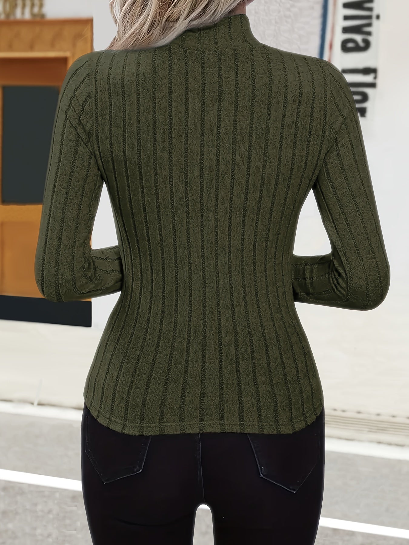 Solid Mock Neck Rib Knit Top, Elegant Long Sleeve Slim Versatile Sweater, Women's Clothing