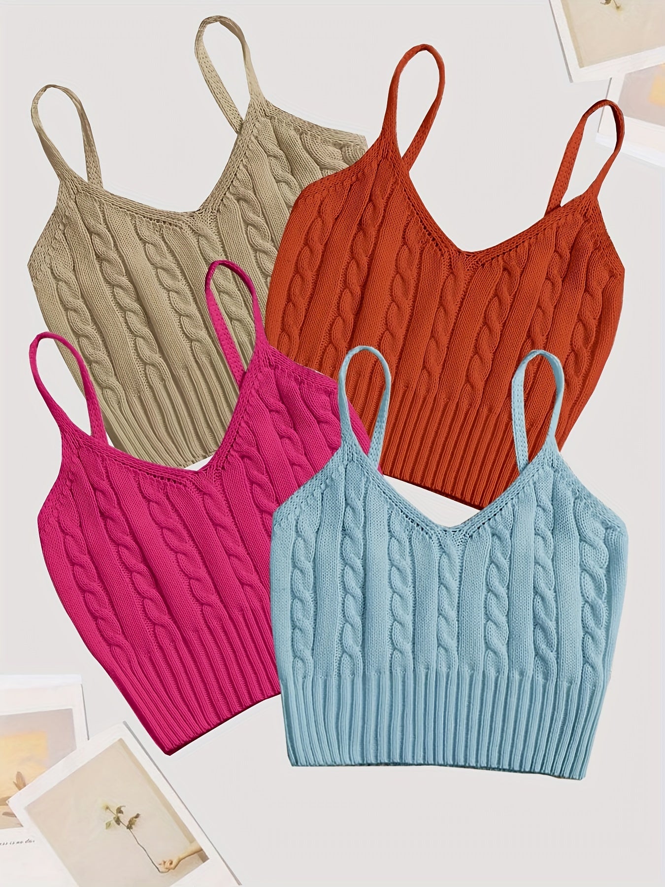 Valentine's Day 4 Packs Cable Knit Cami Tops, Versatile Crop V Neck Summer Sleeveless Cami Tops, Women's Clothing