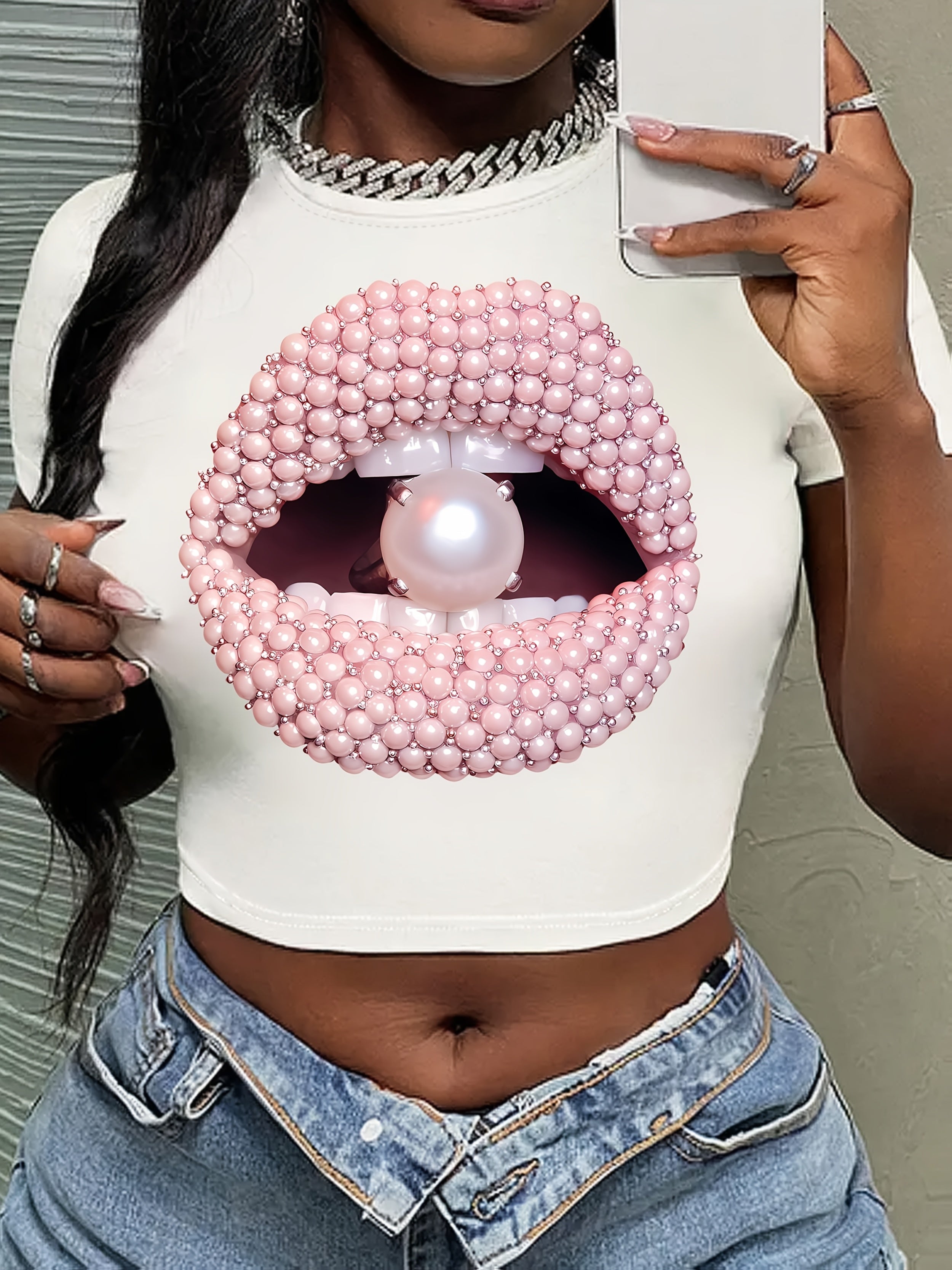 Y2K Short Sleeve Crew Neck Polyester Knit Fabric Medium Stretch T-Shirt, Regular Length, All Season, with Lips & Pearl Pattern, for Women