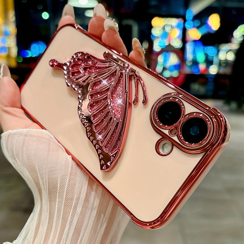 Luxury Plated Pattern Glitter Butterfly Holder Stand Phone Case Compatible with iPhone 12 13 14 15 16 Pro Max Plus Bumper Protector Cover