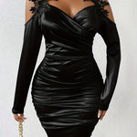 Floral Applique Cold Shoulder Dress, Elegant Long Sleeve Bodycon Dress for Party & Banquet, Women's Clothing